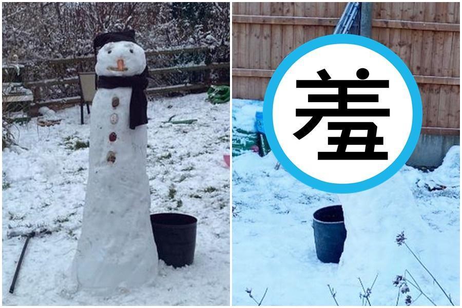 英國一名父親與孩子們在戶外堆雪人,結果隔天雪人融化的模樣連他自己都笑了。(翻攝自推特)