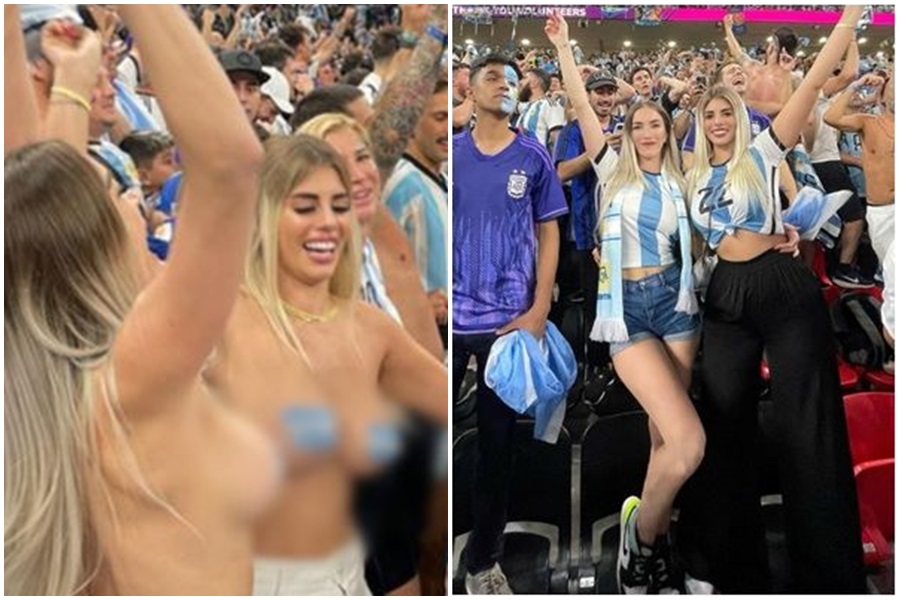 2位阿根廷女球迷在卡達脫衣露乳，慶祝奪冠，引發地方關注。（翻攝自Noe IG）