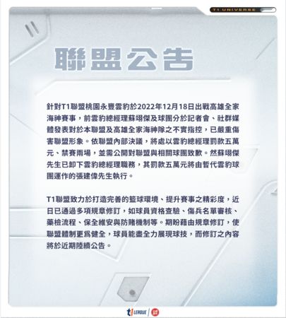 T1聯盟晚間發聲明對蘇翊傑禁賽兩場,並對雲豹總經理罰款。(T1聯盟提供)