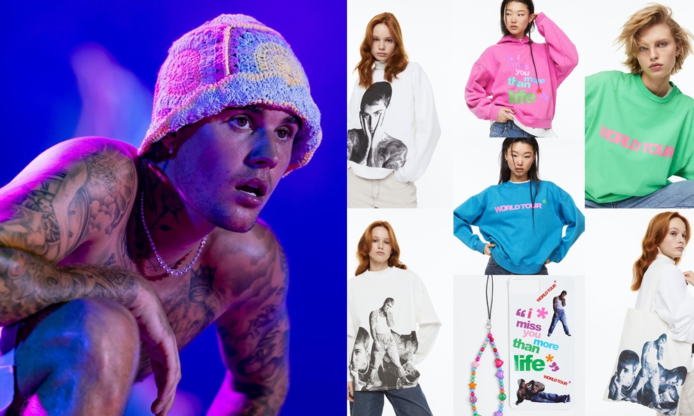 H&M近來發布一系列印有小賈斯汀肖像的商品（右圖），怎料本人卻怒控不知情。（翻攝自小賈斯汀IG、Twitter）