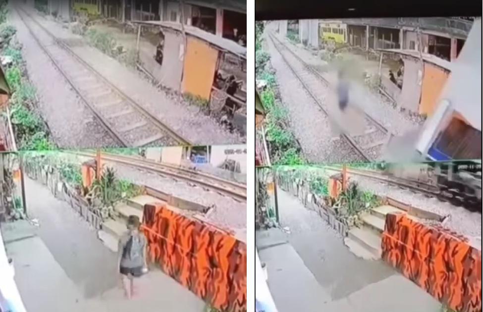 印尼一名國中生為了抄近路,疑似恍神而遭後方的火車高速衝撞,當場輾斃。(翻攝自臉書)