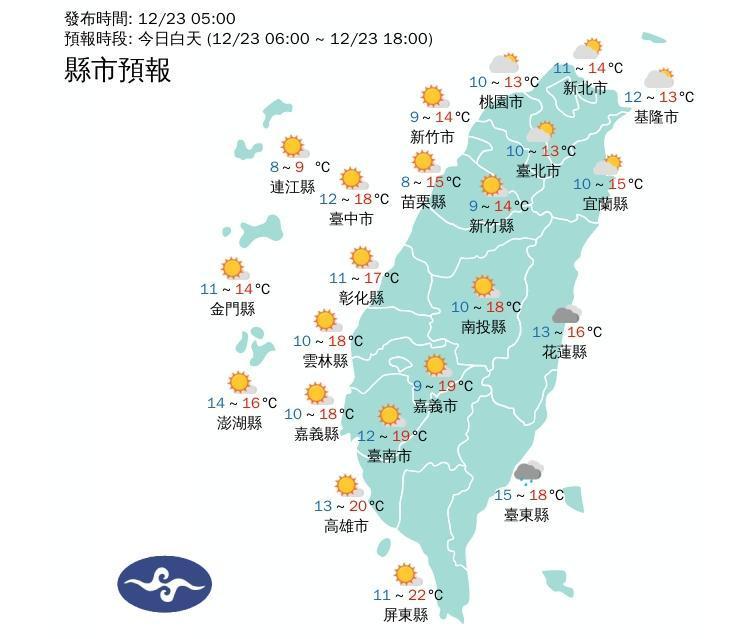 全台各地白天天氣狀況一覽。(中央氣象局提供)