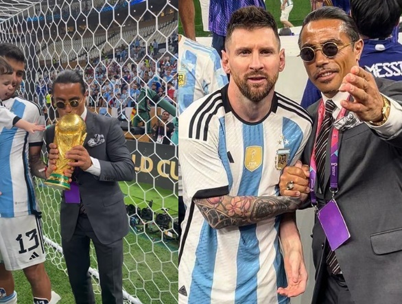 「灑鹽哥」努斯雷特（右1），在世界盃冠軍賽結束後，不知為何擅闖球場內，還對大力金盃不尊重，遭到球迷嚴正抗議。（翻攝自nusr_et IG）