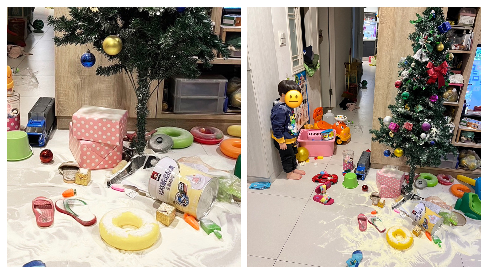 一名網友的小孩在家中發揮「創意」，替耶誕節再添加氛圍感。（翻攝自「我愛全聯-好物老實說」臉書）