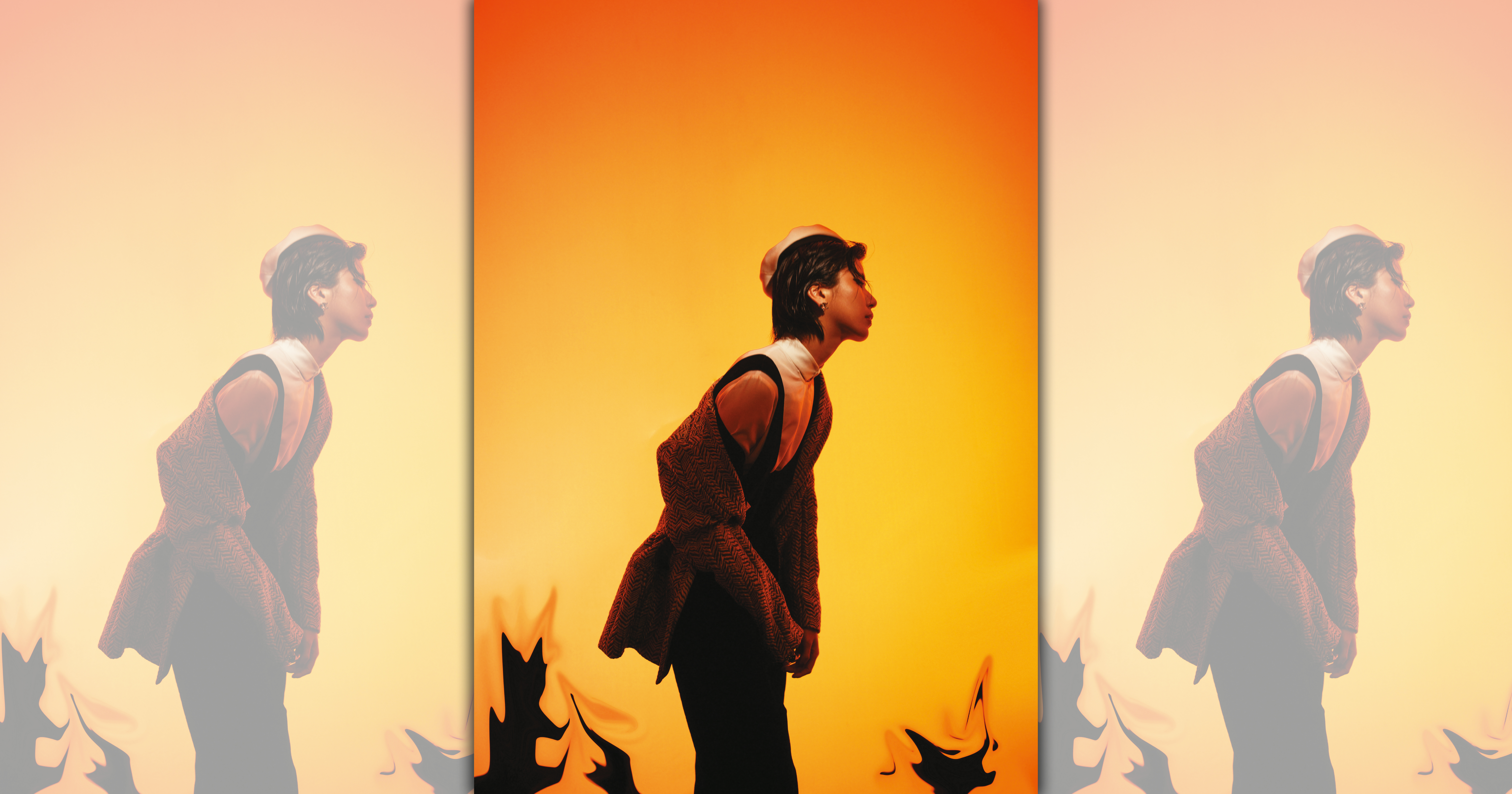 雙排釦毛呢西裝外套 價格店洽 by Giorgio Armani／白色雪紡襯衫 價格店洽 by Giorgio Armani／天鵝絨吊帶褲 NT$164,000 by GUCCI／白色海軍風貝蕾帽 價格店洽 by Giorgio Armani／Millenia耳環 價格店洽 by SWAROVSKI