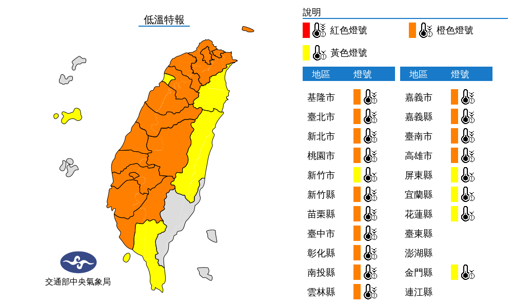 氣象局發布19縣市低溫特報。(中央氣象局提供)