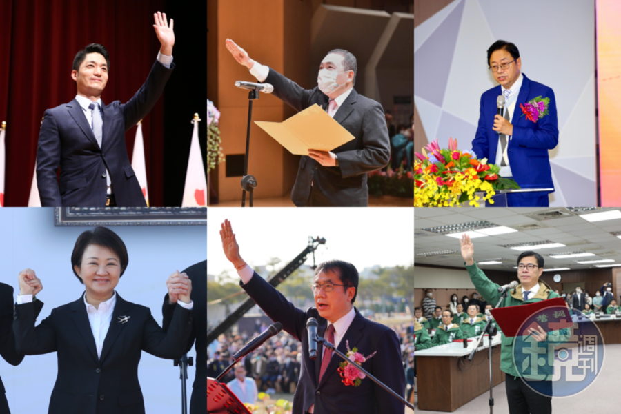 今日各縣市首長紛紛宣布就職,左上起為台北市長蔣萬安、新北市長侯友宜、桃園市長張善政、左下起為台中市長盧秀燕、台南市長黃偉哲與高雄市長陳其邁。(中上圖翻攝自侯友宜臉書)