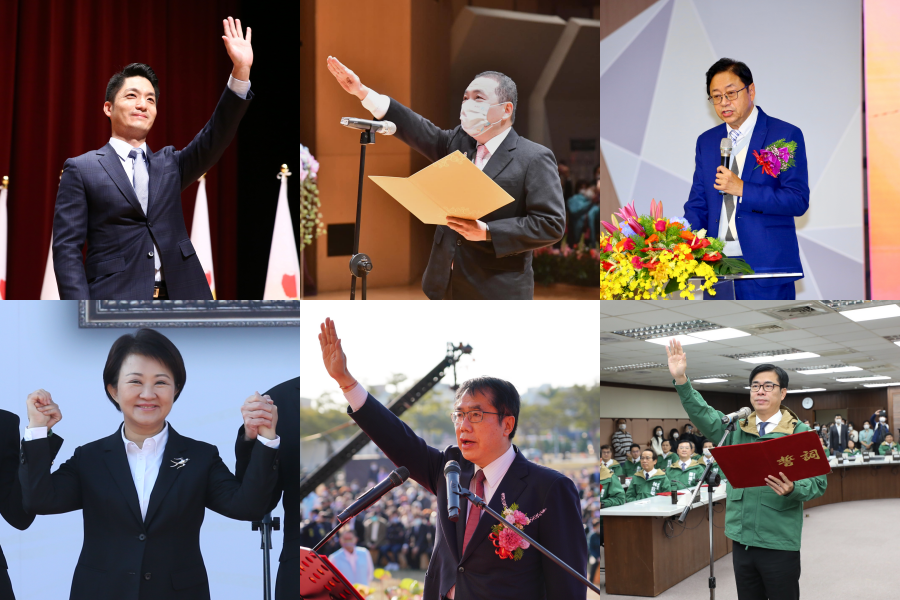 今日各縣市首長紛紛宣布就職，左上起為台北市長蔣萬安、新北市長侯友宜、桃園市長張善政、左下起為台中市長盧秀燕、台南市長黃偉哲與高雄市長陳其邁。（中上圖翻攝自侯友宜臉書）