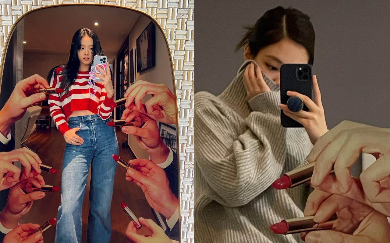 Jisoo（左圖）、Jennie（右圖）在Seletti口紅魔鏡前自拍。（翻攝自Jisoo、Jennie IG）