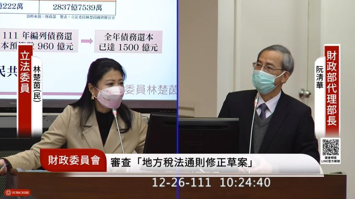 林楚茵問是否能將達標以後的稅收餘裕發還人民?代理財長阮清華認為,與其發現金,不如透過政策發券。(翻攝自國會頻道YouTube)