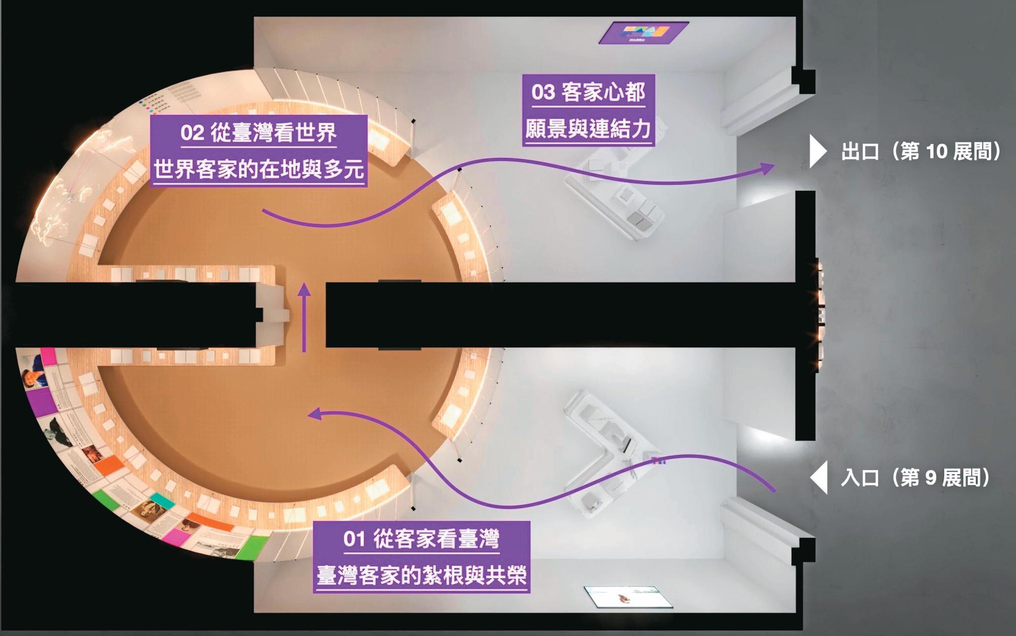 第九與第十展間相連結，先進入第九展間的「從客家看台灣」，從音樂、文學等面向，層層堆疊對客家的認識。（INCEPTION 啟藝提供）