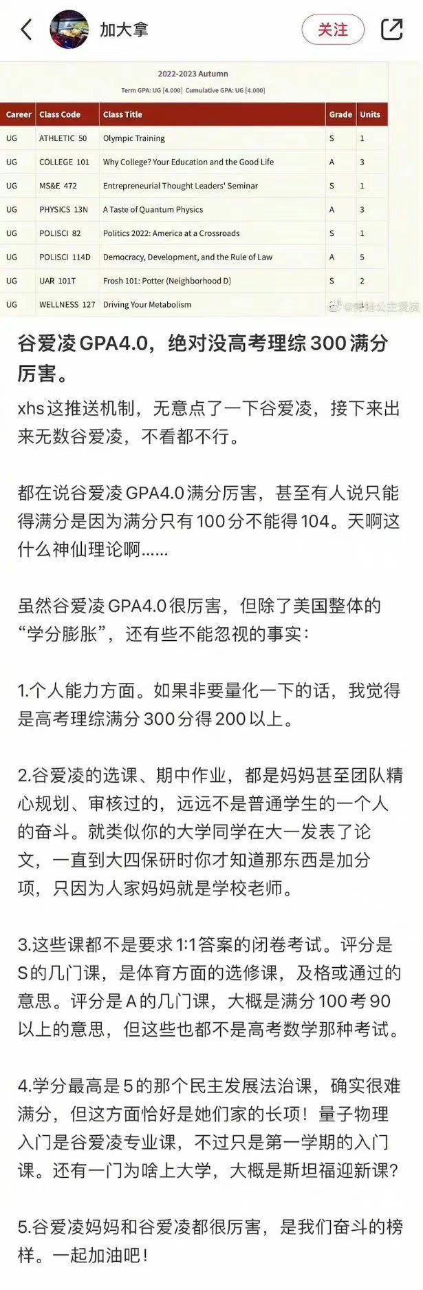 一名網友撰文質疑谷愛凌在史丹佛的成績。(翻攝微博)