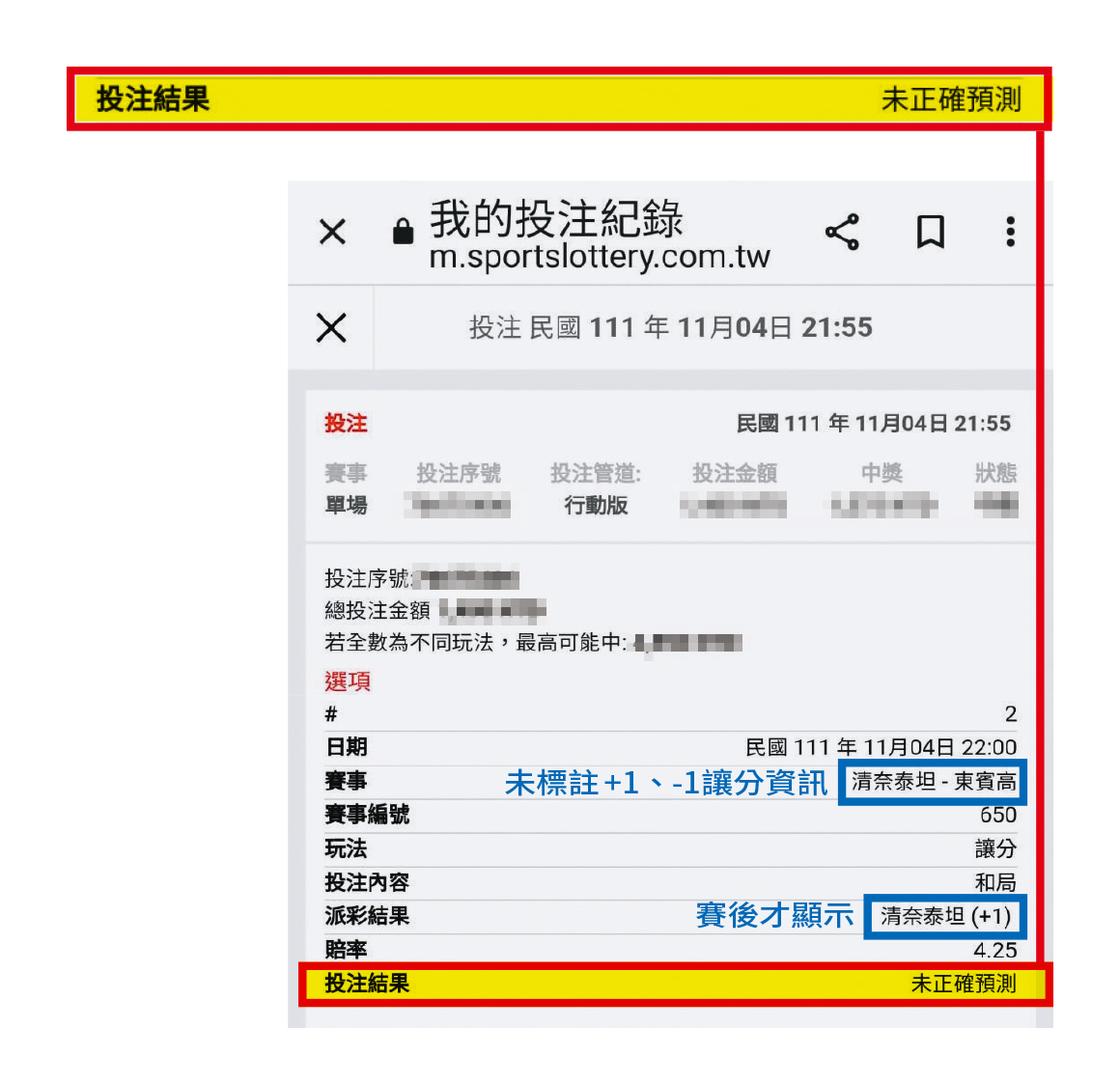上個月初，C先生透過手機投注印度超級盃足球聯賽，明明贏了，派彩結果卻顯示「未正確預測」。（讀者提供）