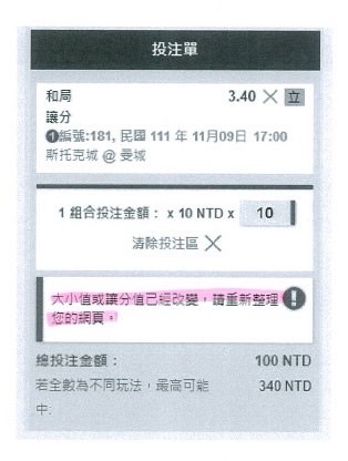 消費者在台灣運彩進行線上投注時，投注當下若投注內容有變更，會出現提示文字，請消費者重新整理網頁後再行投注。