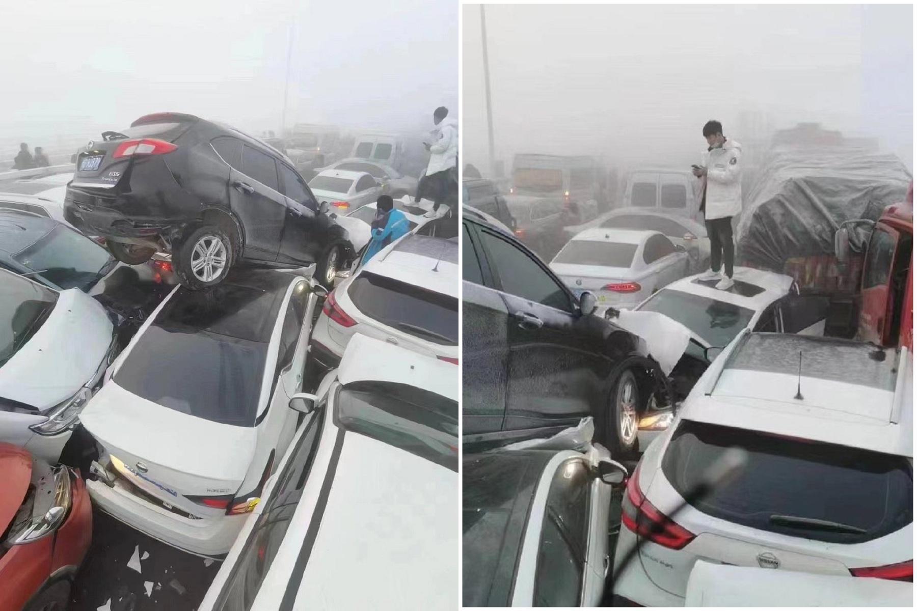 恐怖影片曝光！鄭州大橋結冰+濃霧，400輛車狂撞交疊「碰碰碰」。（翻自微博）