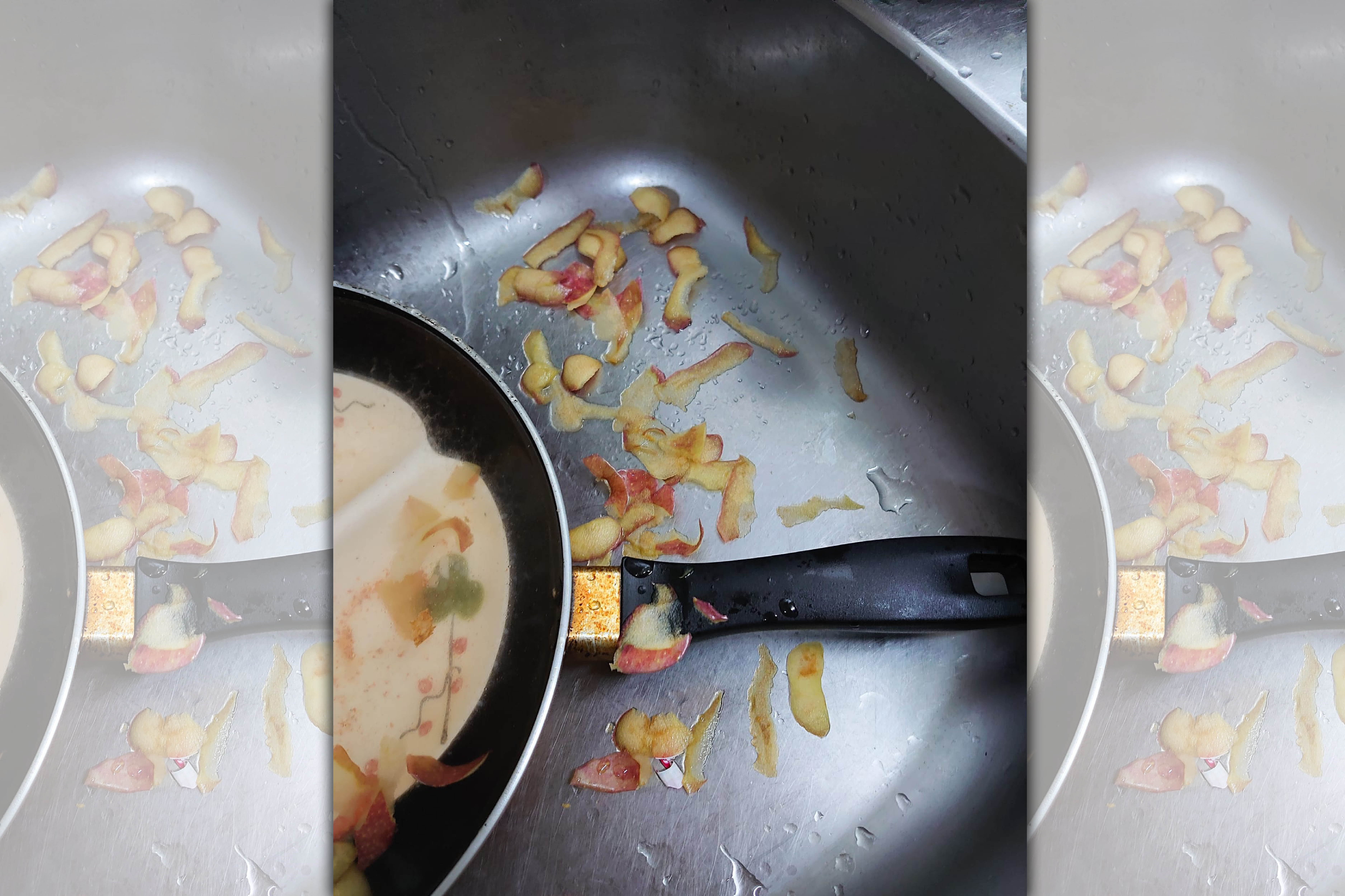 一名女網友抱怨家人生活習慣差，流理台充滿水果皮和油膩的鍋盤，而「當事人」早就去睡了。（翻攝自爆廢公社）