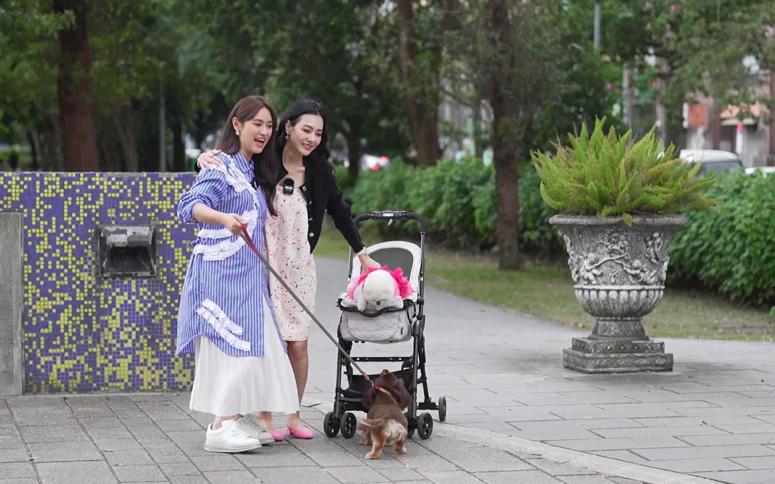 王思佳（右）跟吳姍儒一起帶愛犬出外景。（TVBS提供）