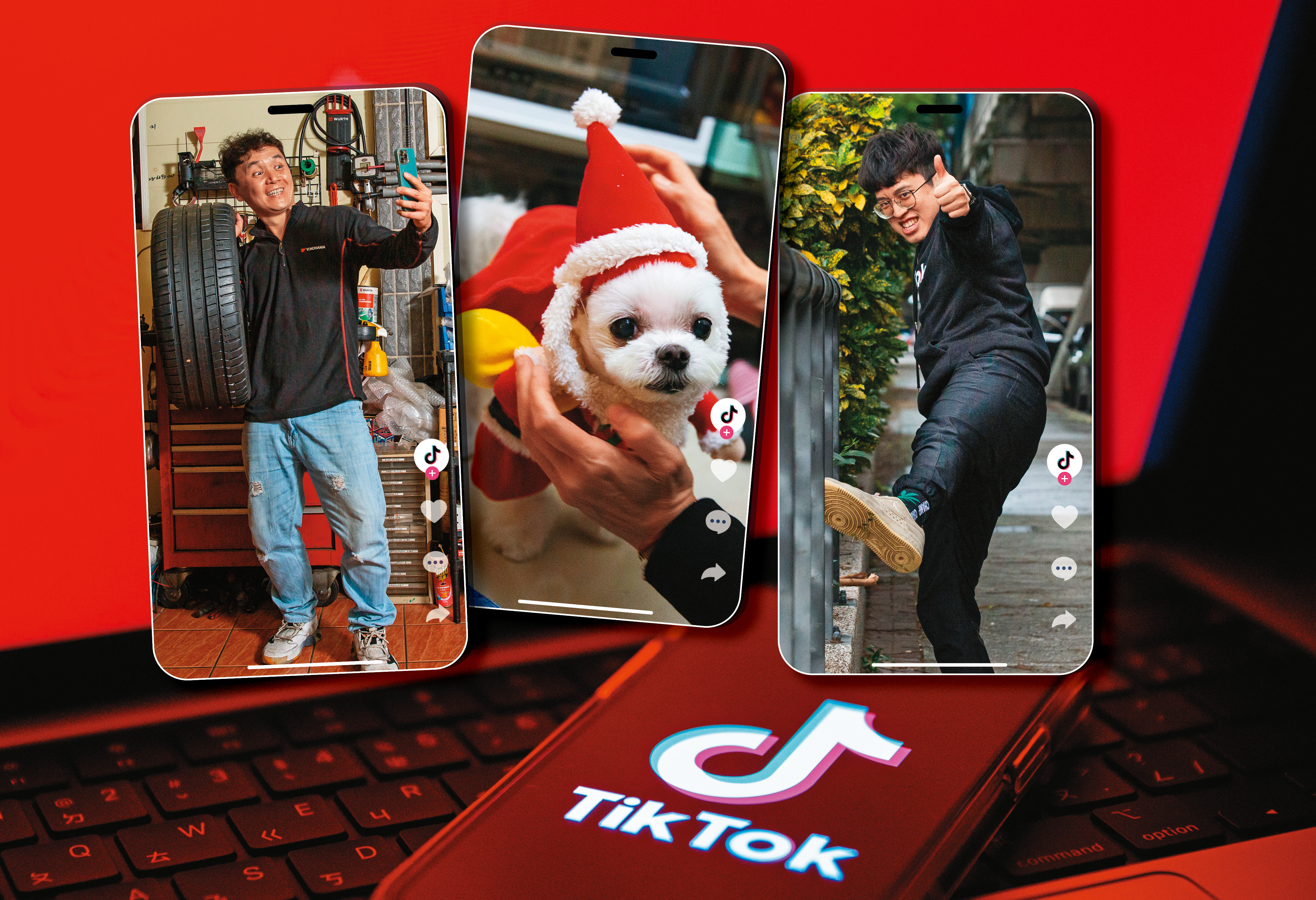 木星人（右起）、黃吉吉、輪胎行老謝都是TikTok上知名的創作者，這個平台因技術門檻低、使用者年輕，養出一批很不一樣的網紅。