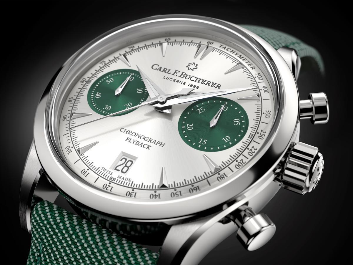 CARL F. BUCHERER 寶齊萊 Manero Flyback 40 功能:時、分、小秒針指示;飛返計時碼錶;日期顯示 機芯:自動上鏈機芯 定價:約NT$220,000。