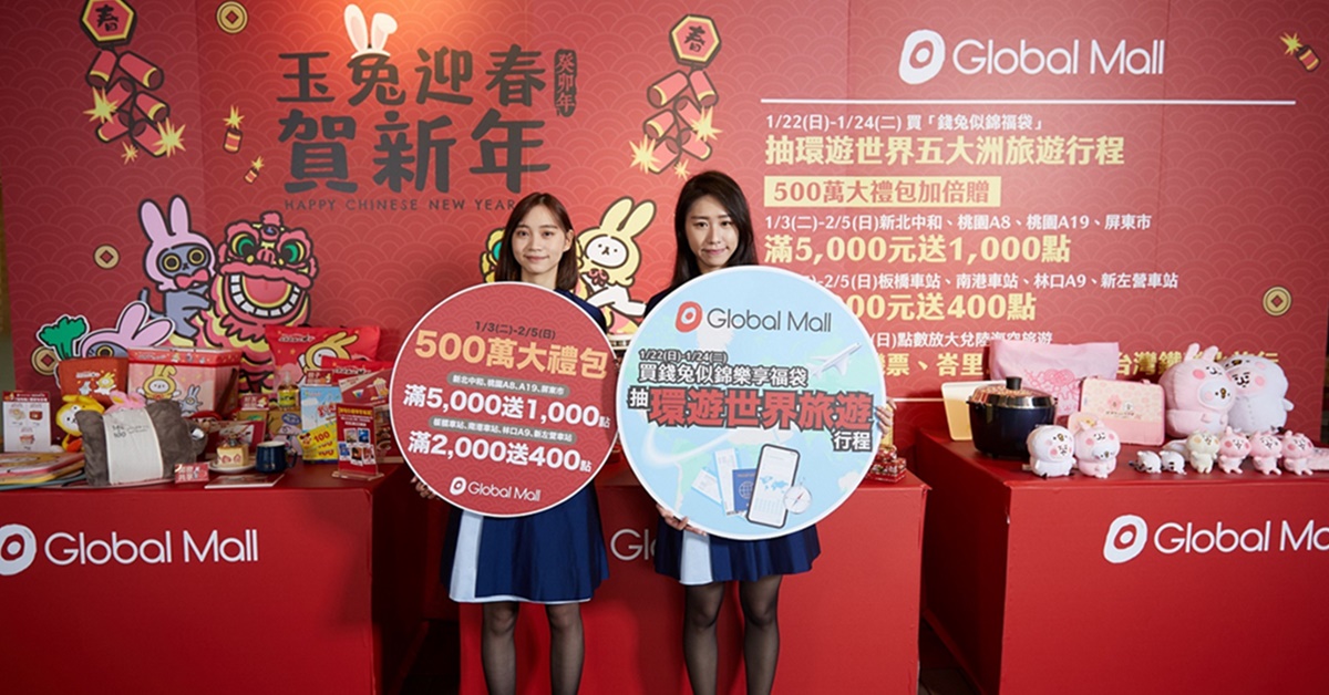 Global Mall春節祭出三大好康，500萬大禮包加倍贈、福袋抽環遊世界五大洲旅遊、點數放大兌陸海空旅遊。