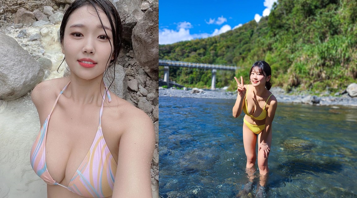南韓YouTuber Judy穿比基尼泡野溪溫泉。（翻攝PTT、IG @jy_luv.peace）