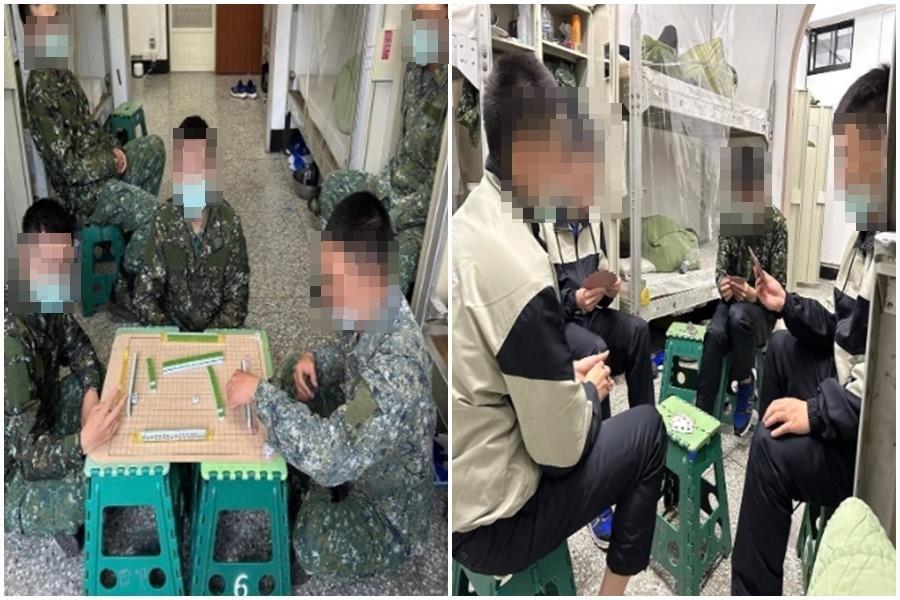 一群憲兵指揮部憲訓中心的役男在寢室內打麻將、撲克牌,照片影片曝光。(翻攝自PTT)