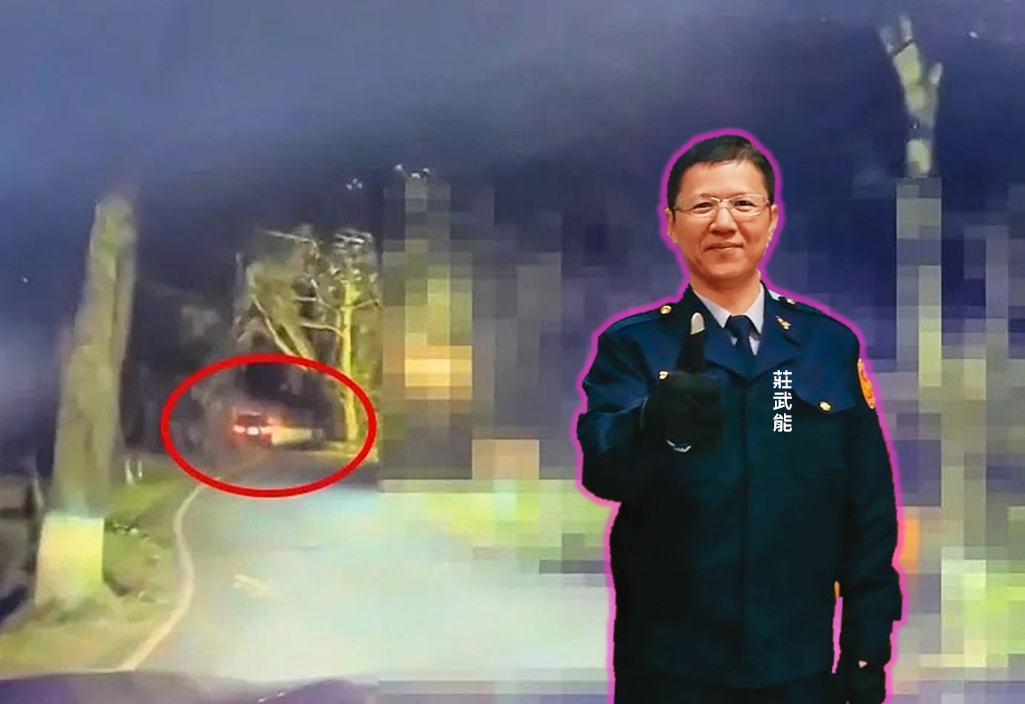 面對警方盤查，三線一星的高階警官莊武能拒絕下車配合，並開車衝撞警車逃逸（紅圈處），遭連開9槍制止就逮。（翻攝畫面）