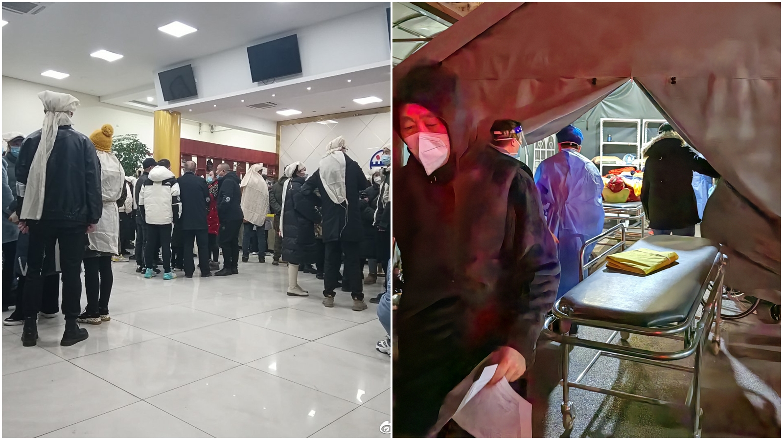 急診室外搭起臨時帳棚，安置等待送往殯儀館的遺體，而其他殯儀館也滿是等待的人群。（翻攝自微博@上海成雨、hui-feidelus）