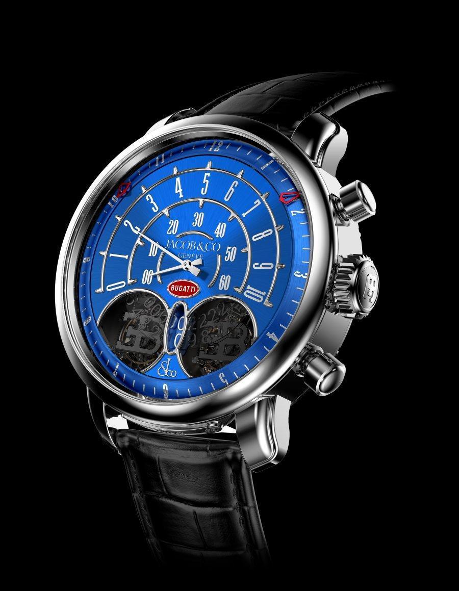 JACOB & CO Jean Bugatti Tourbillon Chronograph 功能：時、分指示；雙逆跳計時碼錶；雙飛行陀飛輪 機芯：手上鏈機芯 定價：25萬美金（約台幣768萬元，限量57枚）