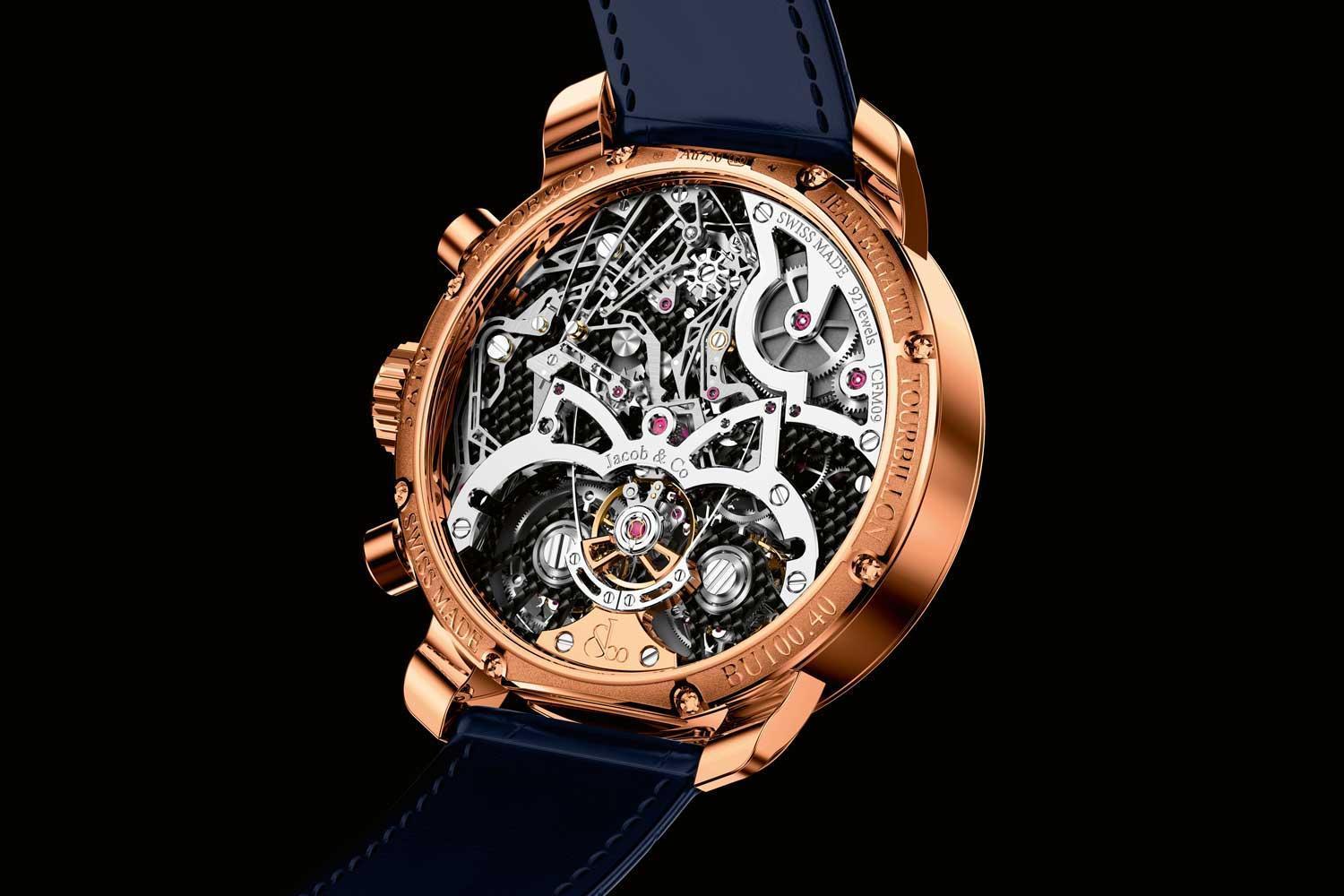 JACOB & CO Jean Bugatti Tourbillon Chronograph，擁有「雙陀飛輪」與「雙逆跳計時碼錶」結構，以極驚人複雜結構完成前所未見的計時功能。