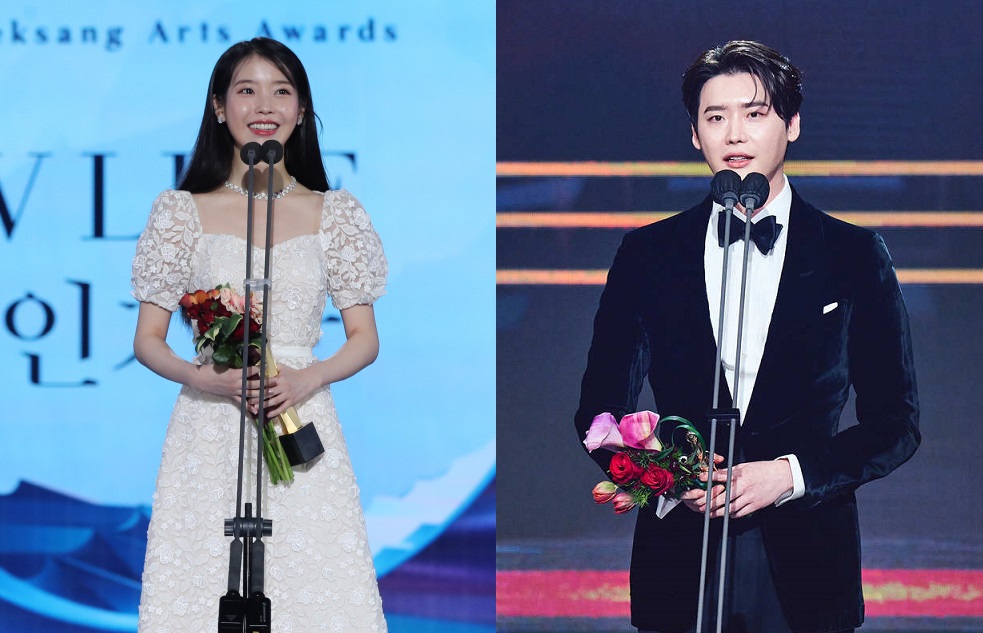 李鐘奭（右圖）上週在MBC演技大賞疑似告白IU（左圖）隔天兩人便認愛。（合成網路圖片）