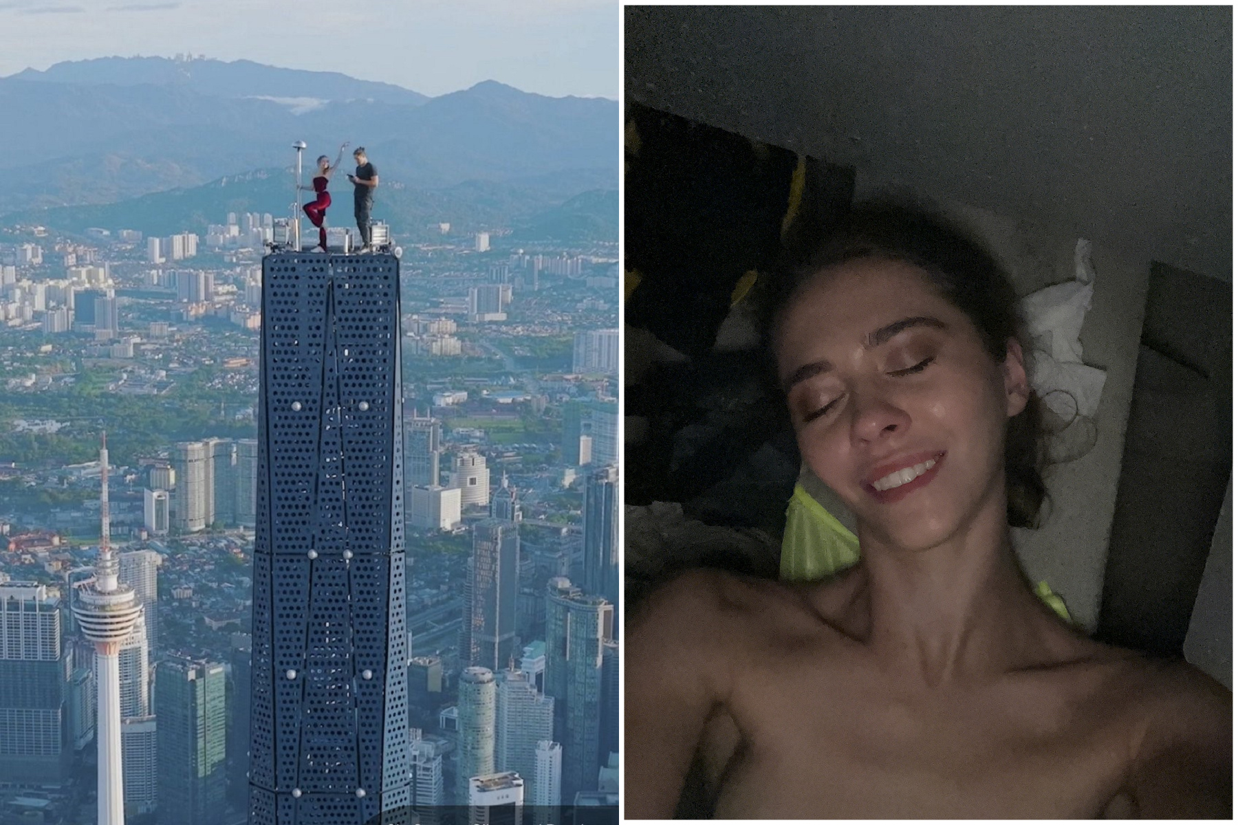 戰鬥情侶非法攻頂大馬118高樓,正妹「成功秘訣」竟是脫光光!影像曝光。(翻自推特)