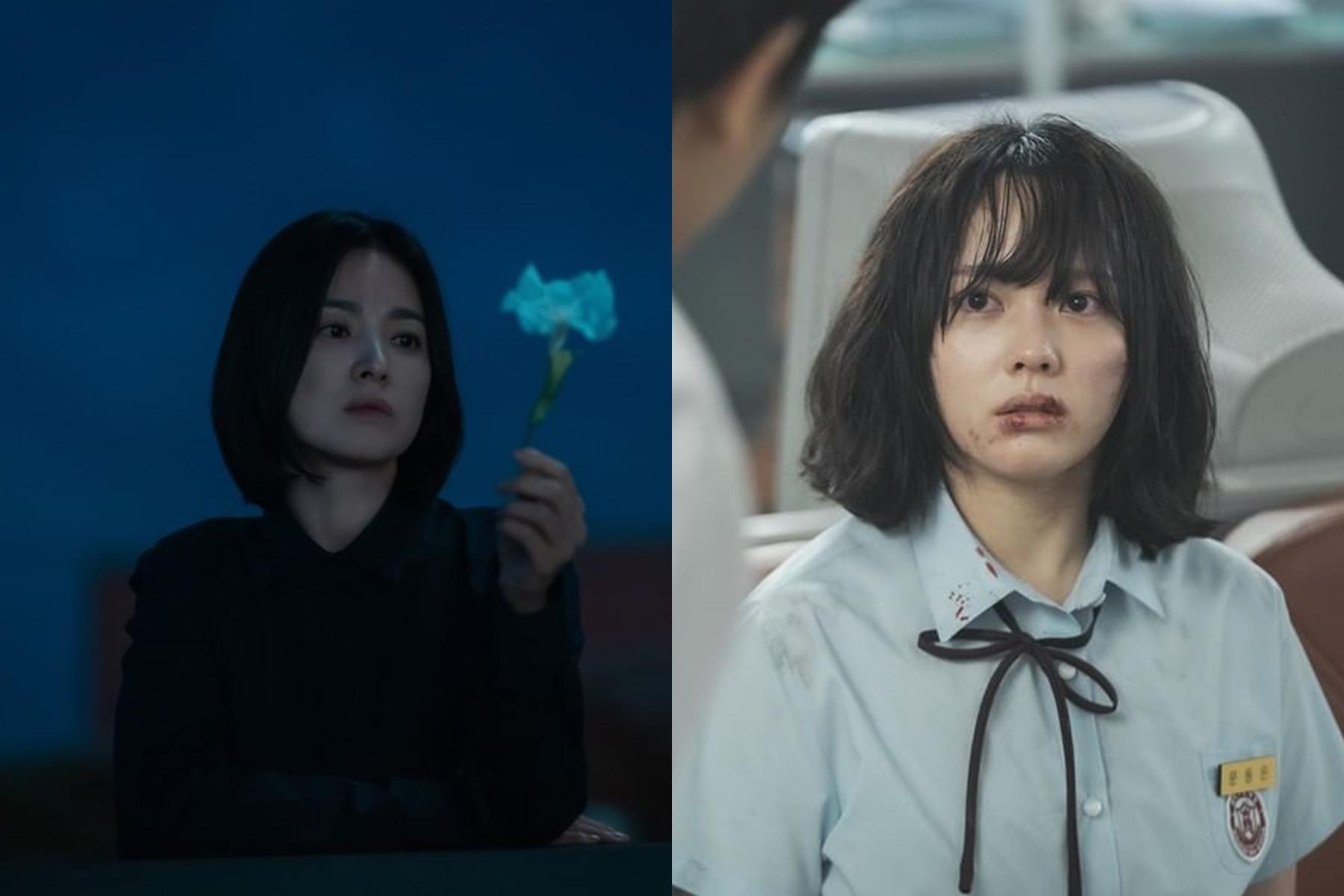 由宋慧喬(左)主演的《黑暗榮耀》,講述高中時期遭霸凌的女主角(右圖,鄭知蘇飾)長大後展開復仇的故事。(翻攝自@netflixkr IG)