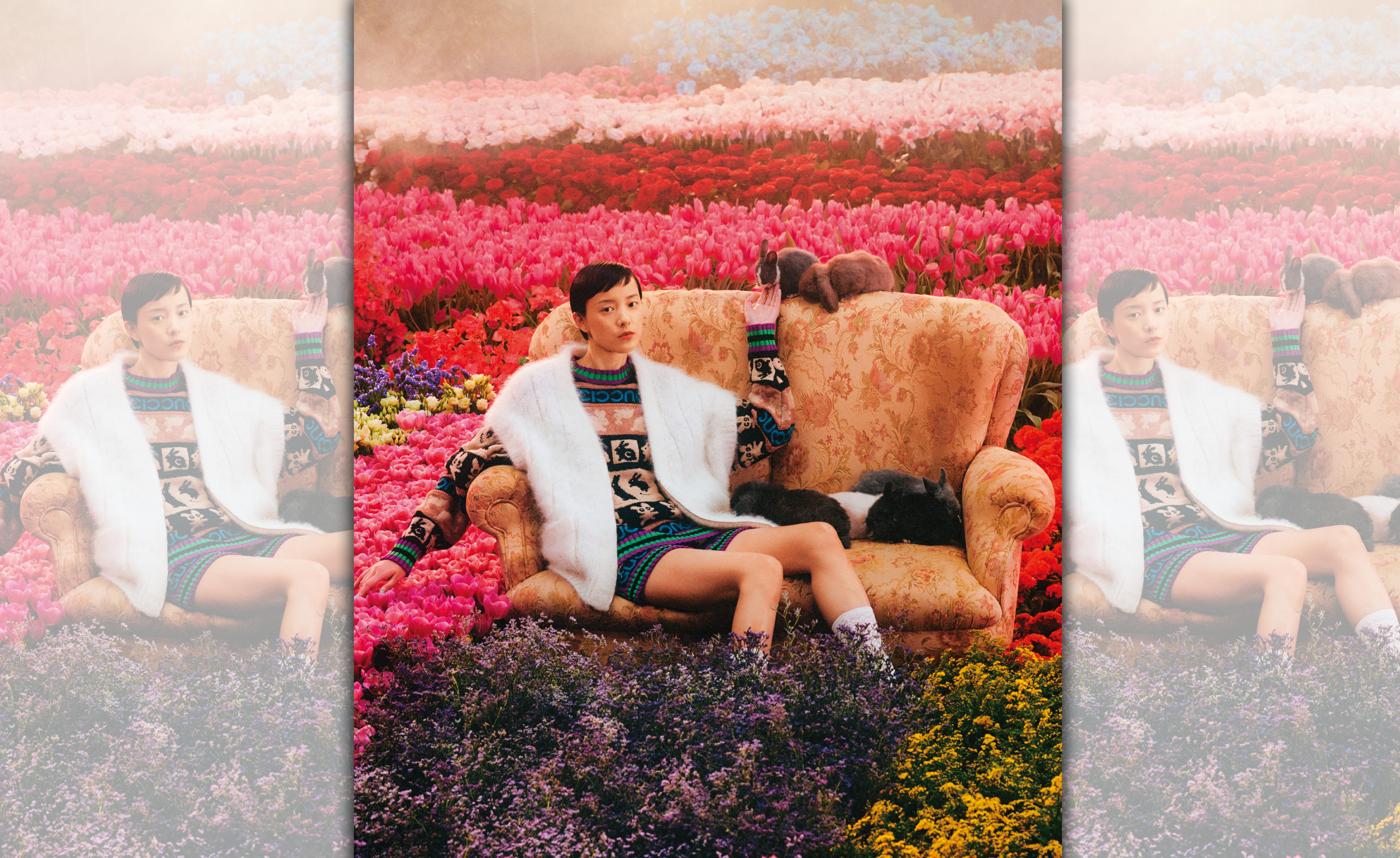 兔年主題限定系列形象廣告影片由Max Siedentopf拍攝，鮮豔的色彩奠定充滿活力的基調，呼應著期待春天到來的歡樂精神。（古馳提供）