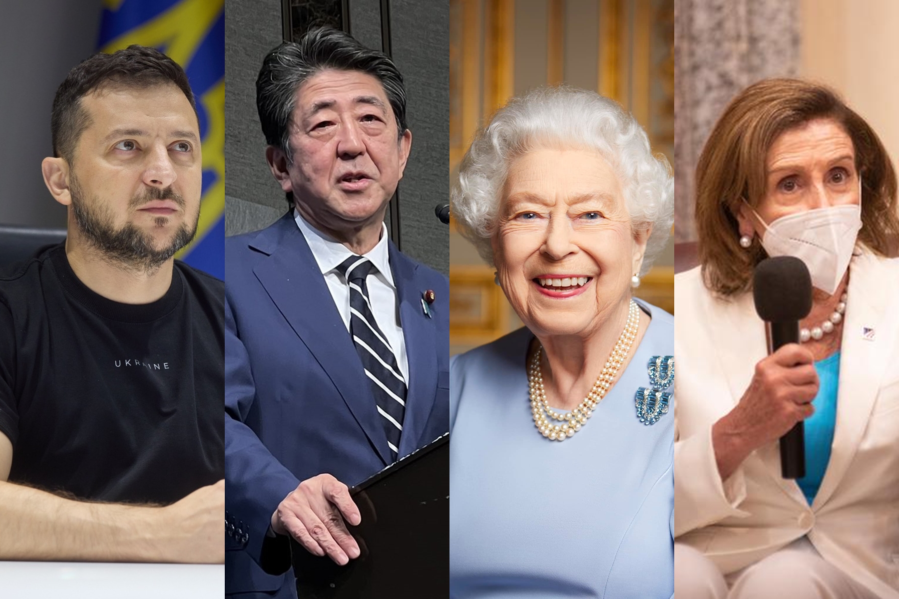 2022國際局勢動盪，發生了許多定會在歷史上留下一筆的大事。左起為烏克蘭總統澤倫斯基、日本前首相安倍晉三、故英國女王伊莉莎白二世與美國前眾議院議長裴洛西。（翻攝自澤倫斯基臉書、安倍晉三Twitter、台北市攝影記者聯誼會提供、台北市攝影記者聯誼會提供）