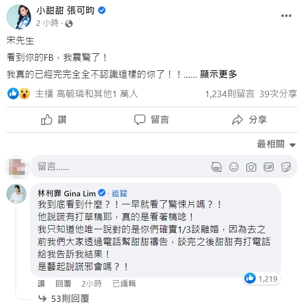 林利霏指出，宋先生唯一說對的是他們夫妻確實在1/3談離婚。（翻攝自小甜甜、林利霏臉書）