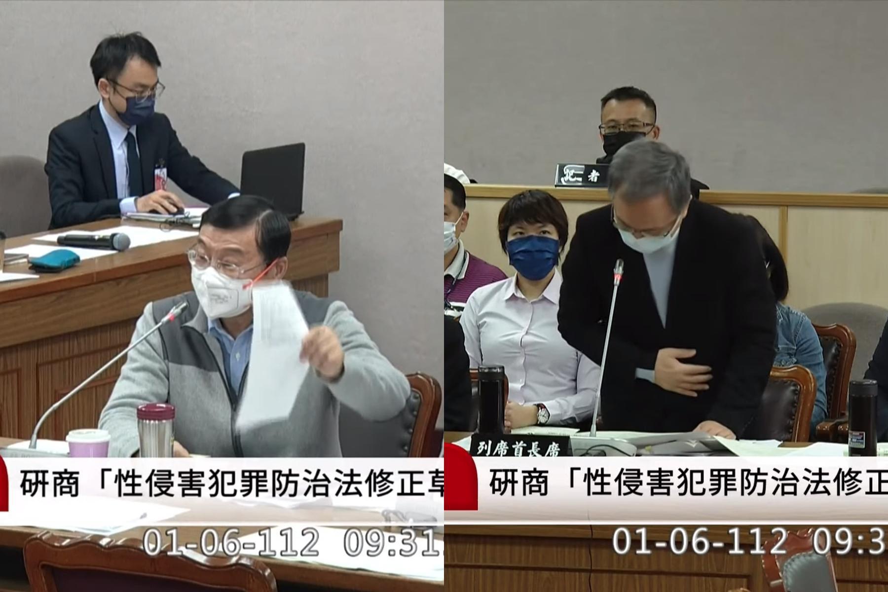 曾銘宗(左)因高端內線事件揚言拒審衛福部預算,對此薛瑞元(右)鞠躬道歉。(翻攝自國會頻道)