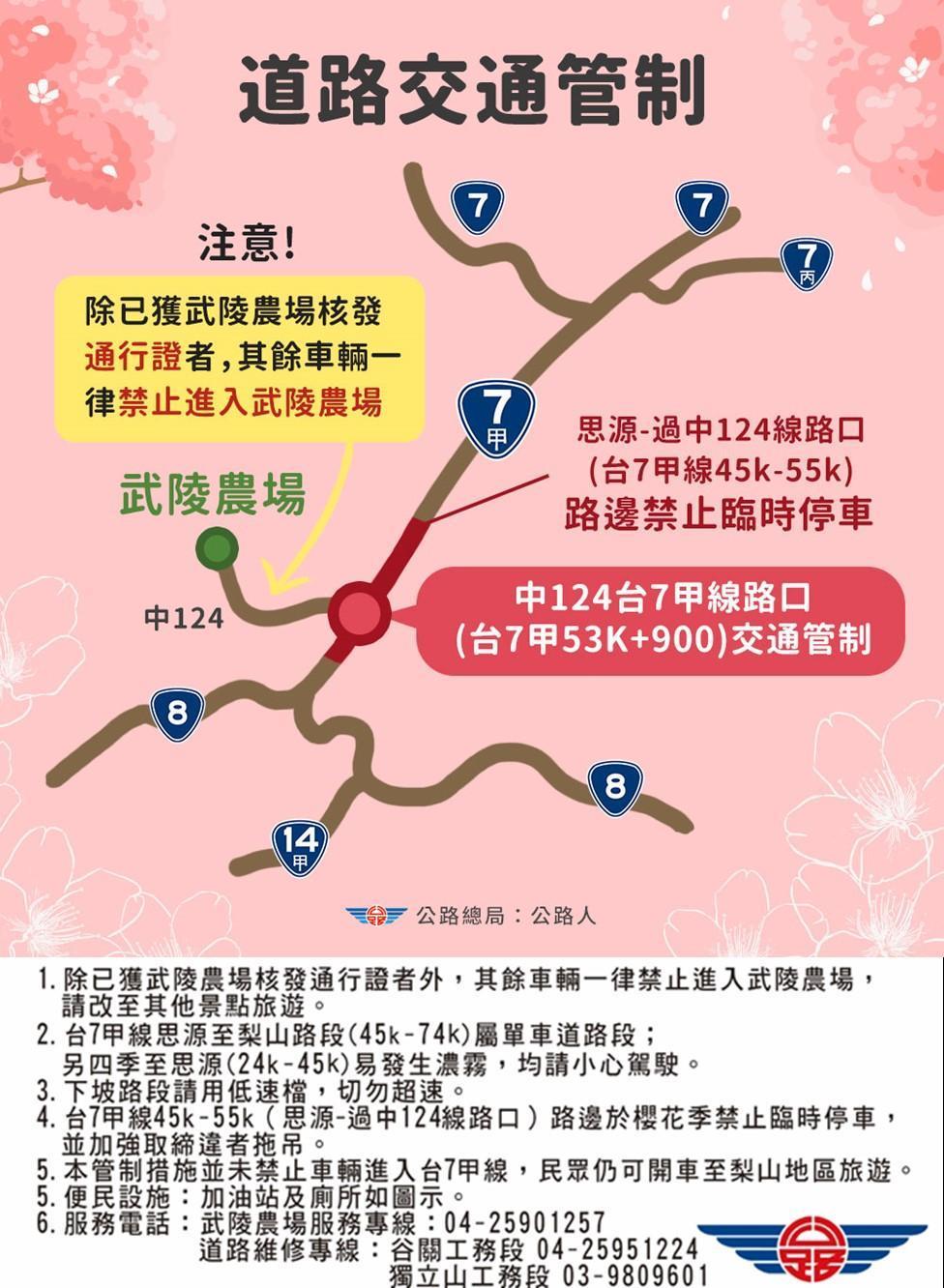 武陵農場櫻花季將於2月7日至2月28日舉辦,公路總局祭出交管,台7甲線與中124線路口全天管制。(公路總局提供)