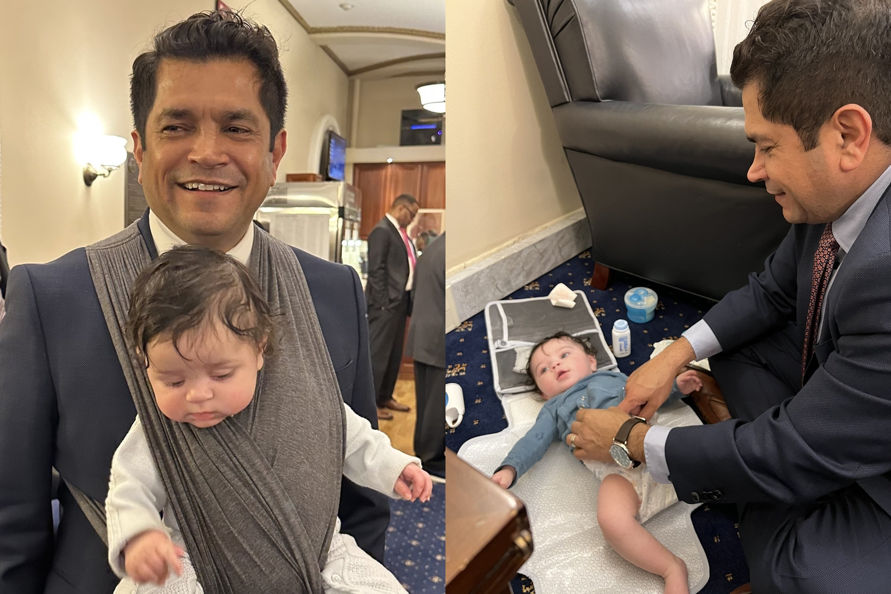 加州民主黨議員戈麥斯，連日帶著寶寶去眾議院投票。（翻攝自 Rep. Tony Cárdenas、Rep. Jimmy Gomez Twitter）