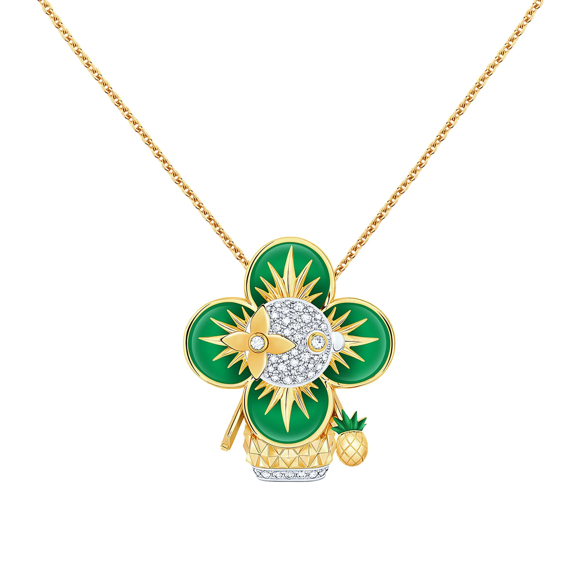 101店獨家商品Vivienne Pineapple黃K金、白K金及亮漆配鑽石吊墜。NT$1,150,000(路易威登提供)