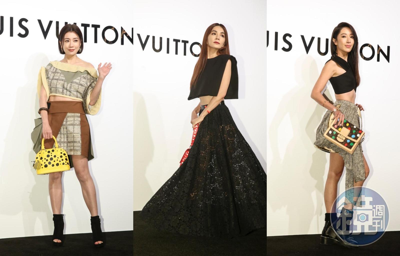 (左起)賈靜雯、Ella、隋棠以不同風格的look出席LOUIS VUITTON(路易威登)台北101全新旗艦店開幕酒會。