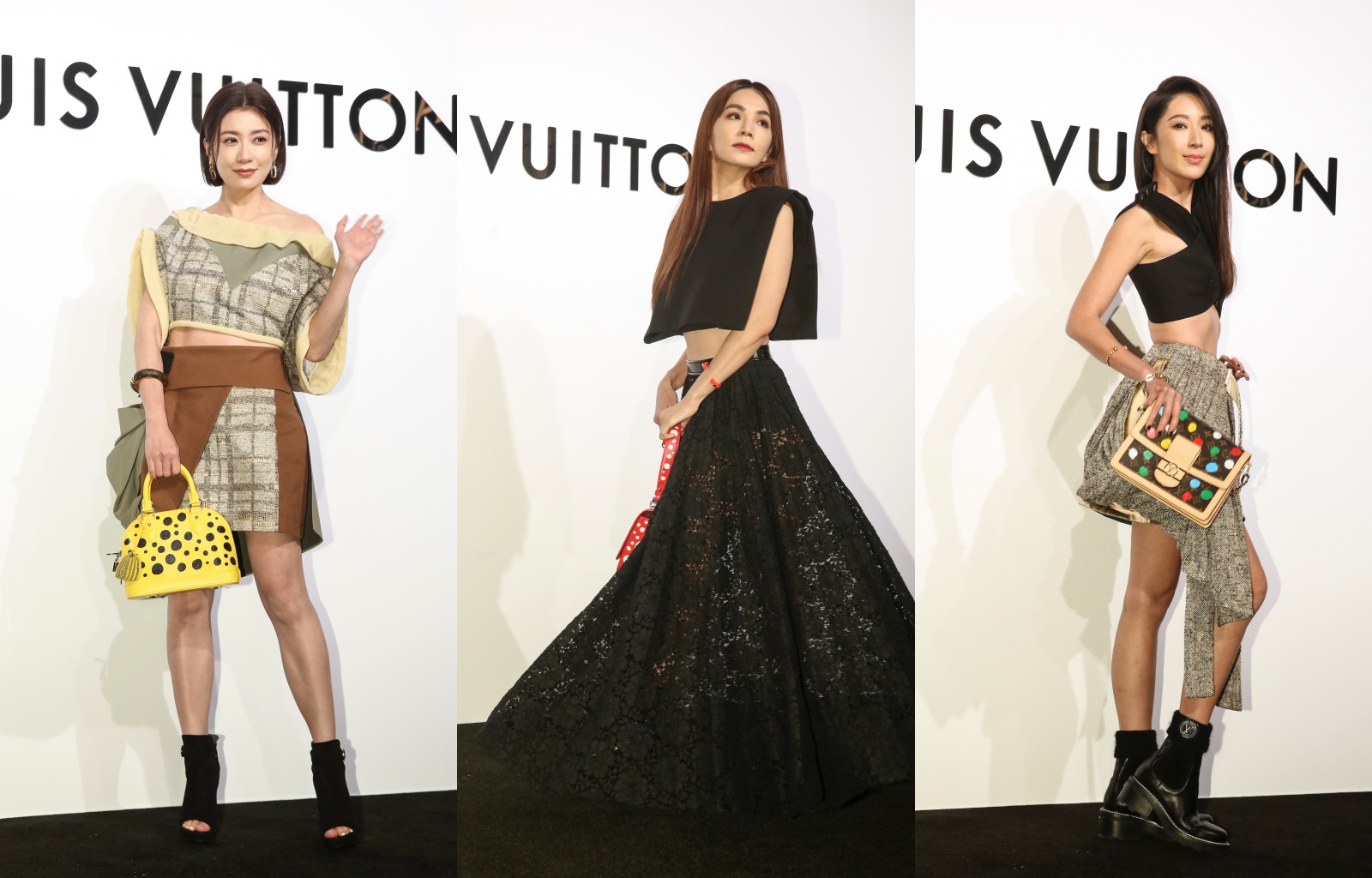 （左起）賈靜雯、Ella、隋棠以不同風格的look出席LOUIS VUITTON（路易威登）台北101全新旗艦店開幕酒會。