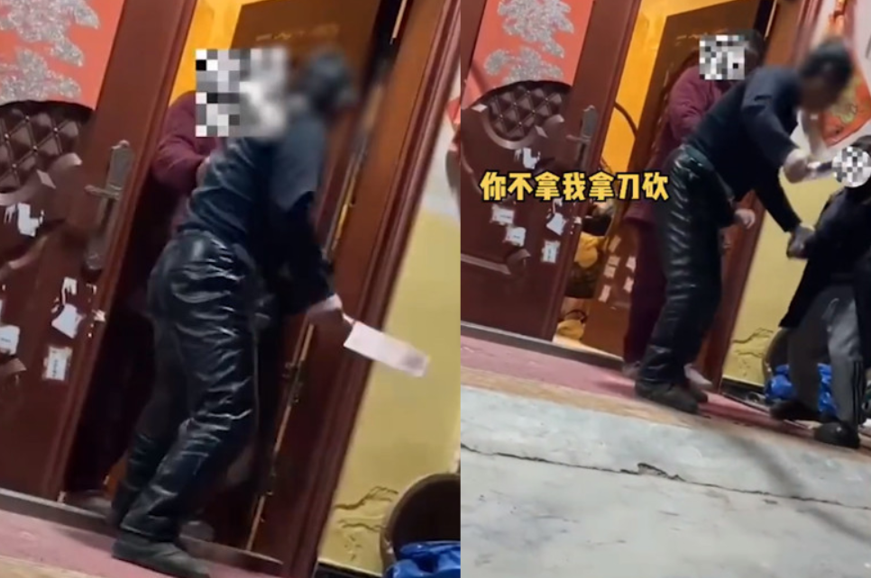 中國安徽一名劉姓女子教小孩寫功課時動手教訓兒子，竟被公公大罵，還拿刀要孫子砍自己媽媽。（翻攝微博@新浪新聞）