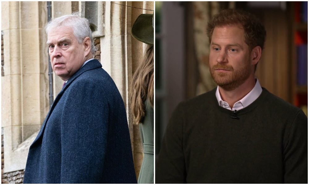 安德魯王子（左圖）捲入性侵案，哈利王子（右圖）稱是「可恥的醜聞」。（翻攝@KaiseratCB推特／60 Minutes畫面）