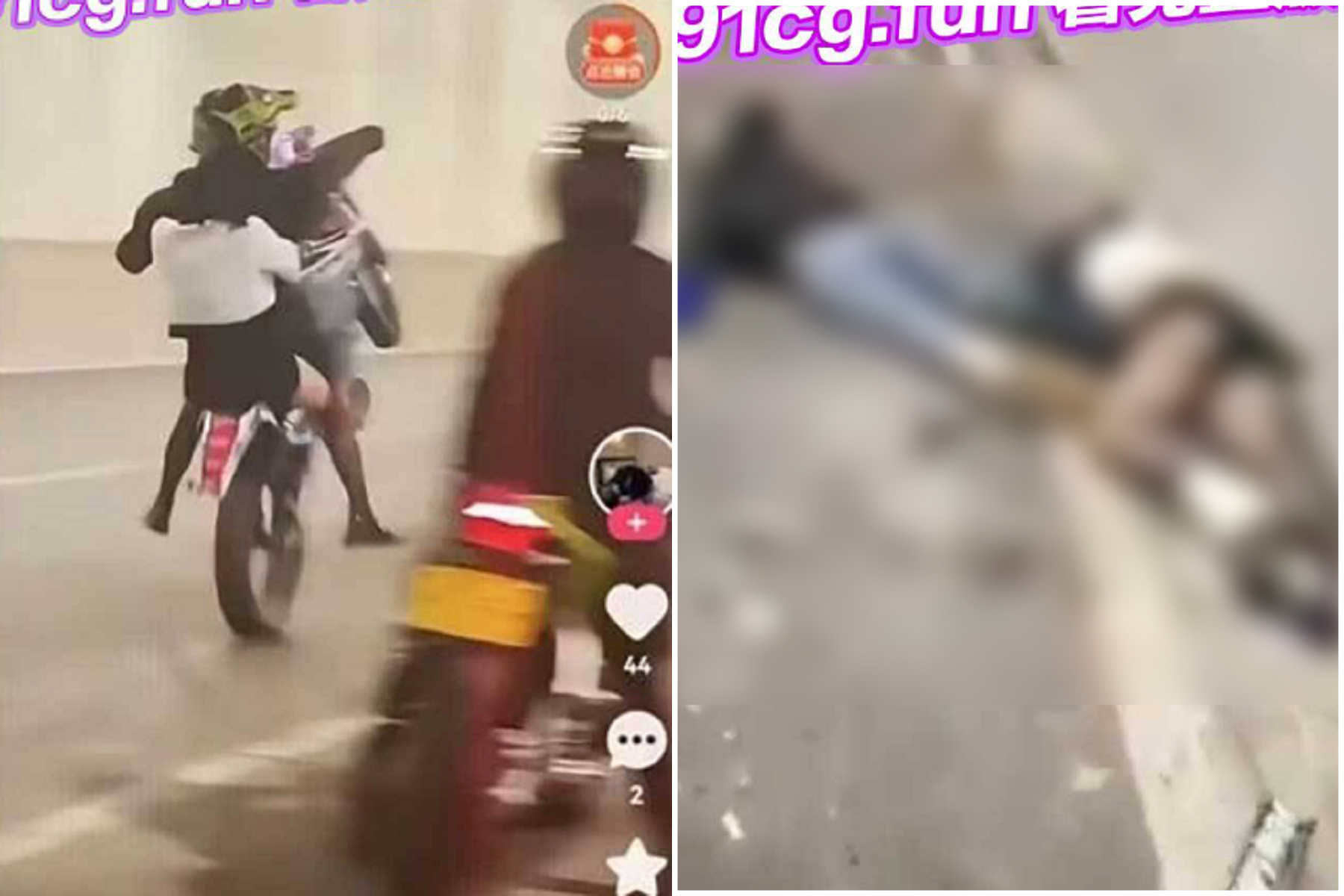 網紅騎重機載正妹耍帥「翹孤輪」悲劇了，2車對撞爆炸4男女慘死。（翻自《91吃瓜中心》）