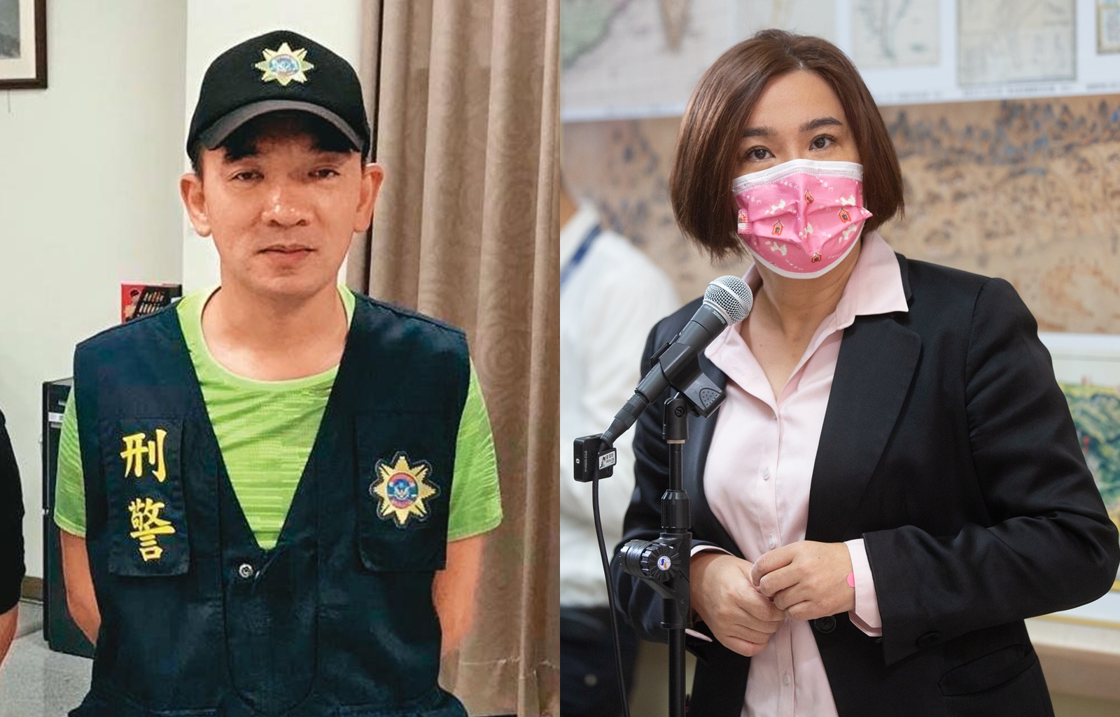 陳玉珍（右）的姊夫蔡其豪（左）遭檢舉請假期間，到陳家承攬的工程當監工。（左圖翻攝金門縣警察局臉書）