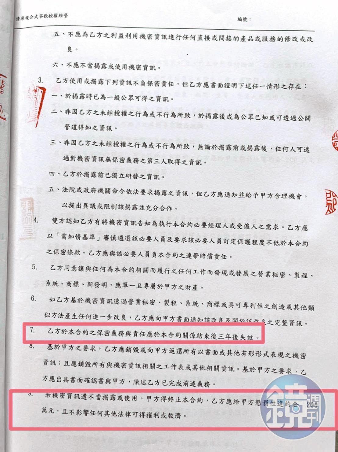 清原芋圓用合約綁加盟主3年,還訂下200萬元的高額違約金。(讀者提供)