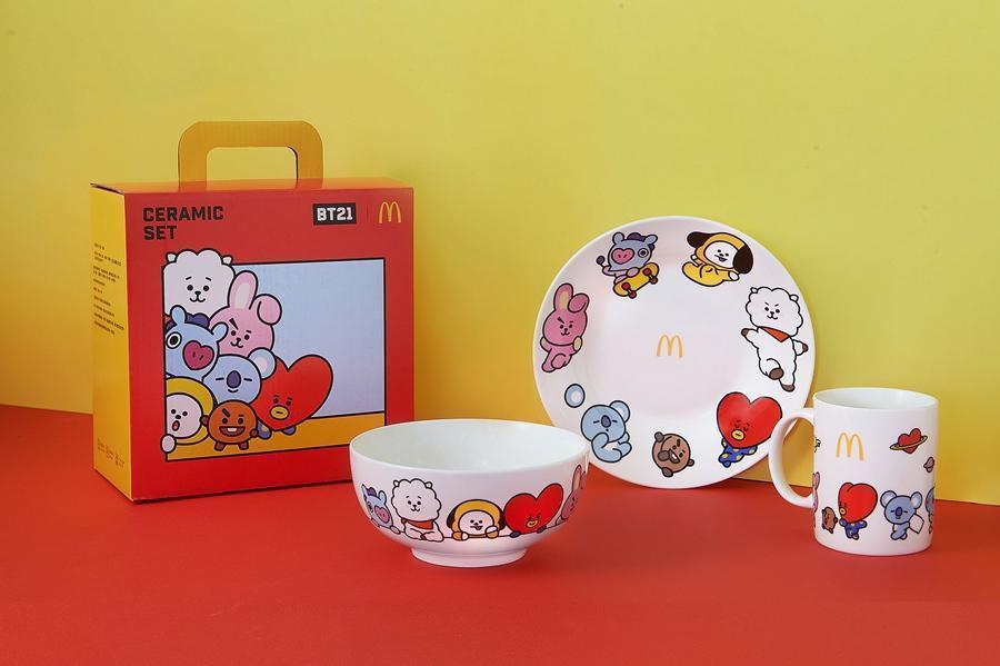 BTS粉絲有福啦!開春第一強檔就是限量「BT21陶瓷餐具三件組」。(麥當勞提供)
