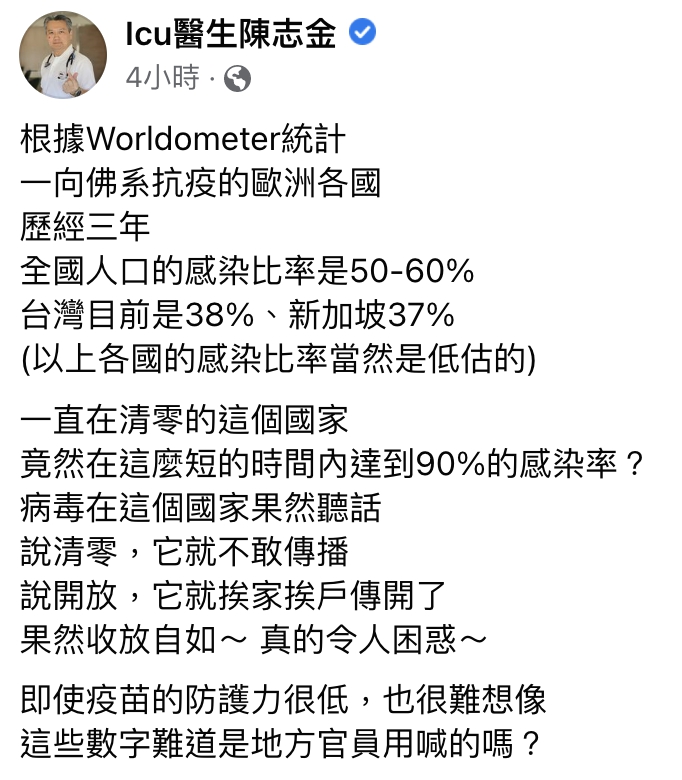 醫師陳志金po文狠酸中國,「這麼短的時間內達到90%的感染率?病毒在這個國家果然聽話」。(翻攝自陳志金臉書)