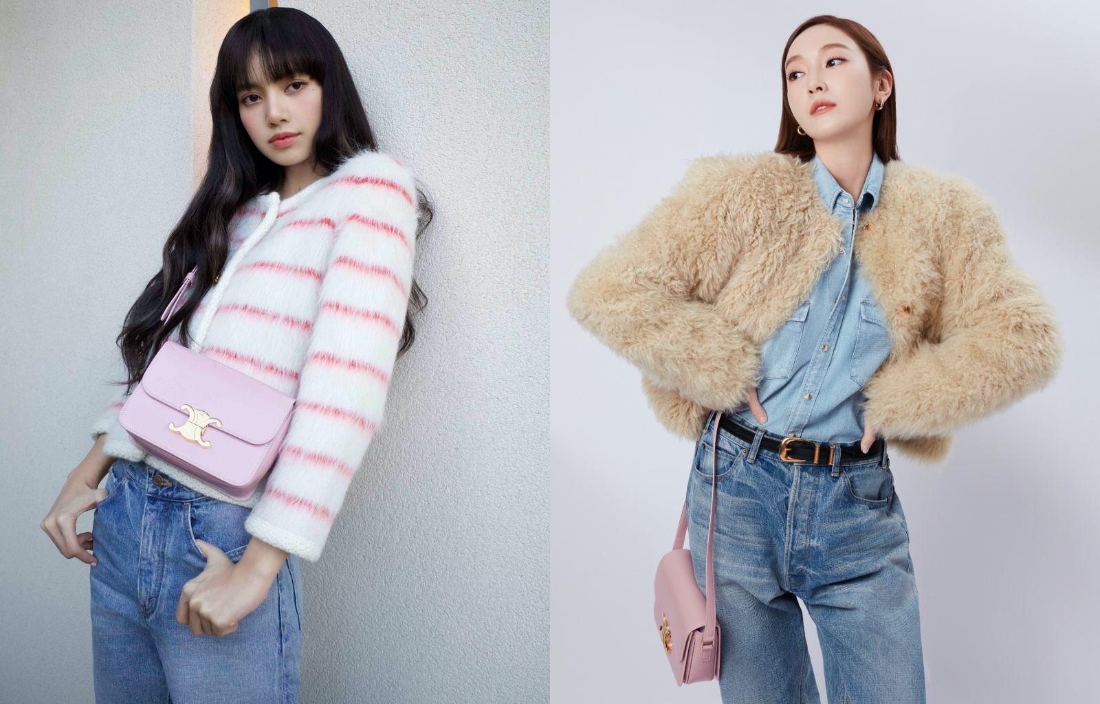 （左起）LISA、Jessica不約而同都選擇毛茸茸上衣與牛仔褲的搭配方式，詮釋Teen Triomphe亮面小牛皮革肩背包。（CELINE提供）